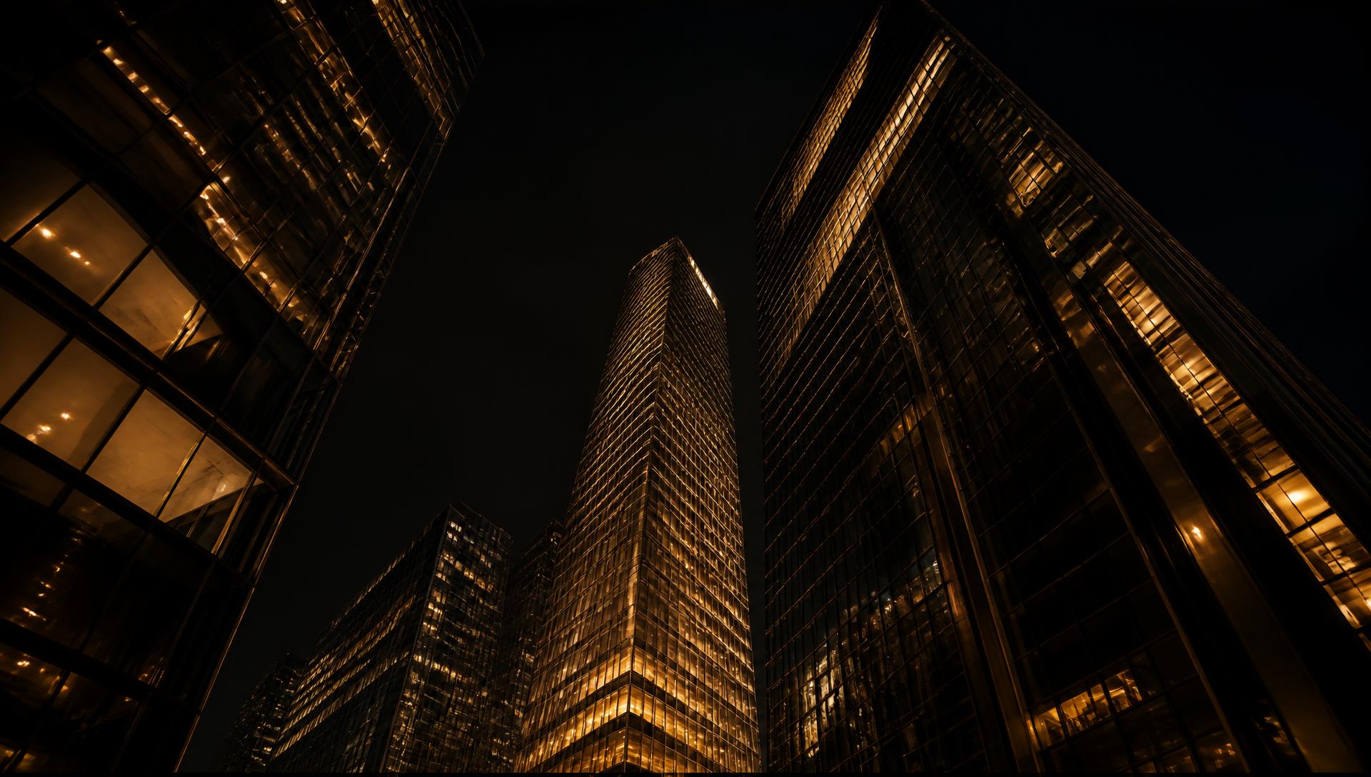 Torres corporativas iluminadas ao anoitecer